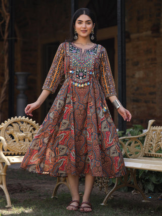 Juniper Women's Multi Colored Cotton Ethnic Motif Printed Maxi Dress with Embroidered Yoke - Distacart