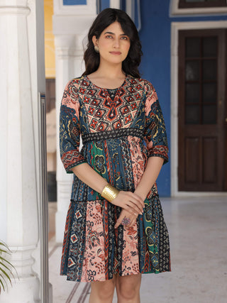 Juniper Multi Colored Cotton Short Dress with Ethnic Print For Women - Distacart