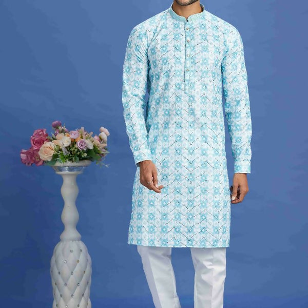 Raivat Ethnic Cotton Embroidery Kurta Pajama In Sky Blue Colour - Dista