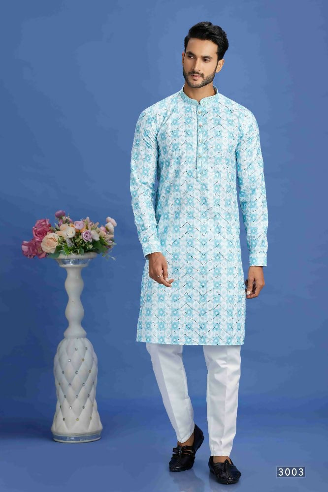 Raivat Ethnic Cotton Embroidery Kurta Pajama In Sky Blue Colour - Dista