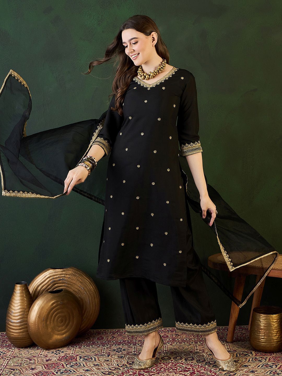 Sangria Zari Sequence Embroidered Straight Kurta & Trousers With Dupatta