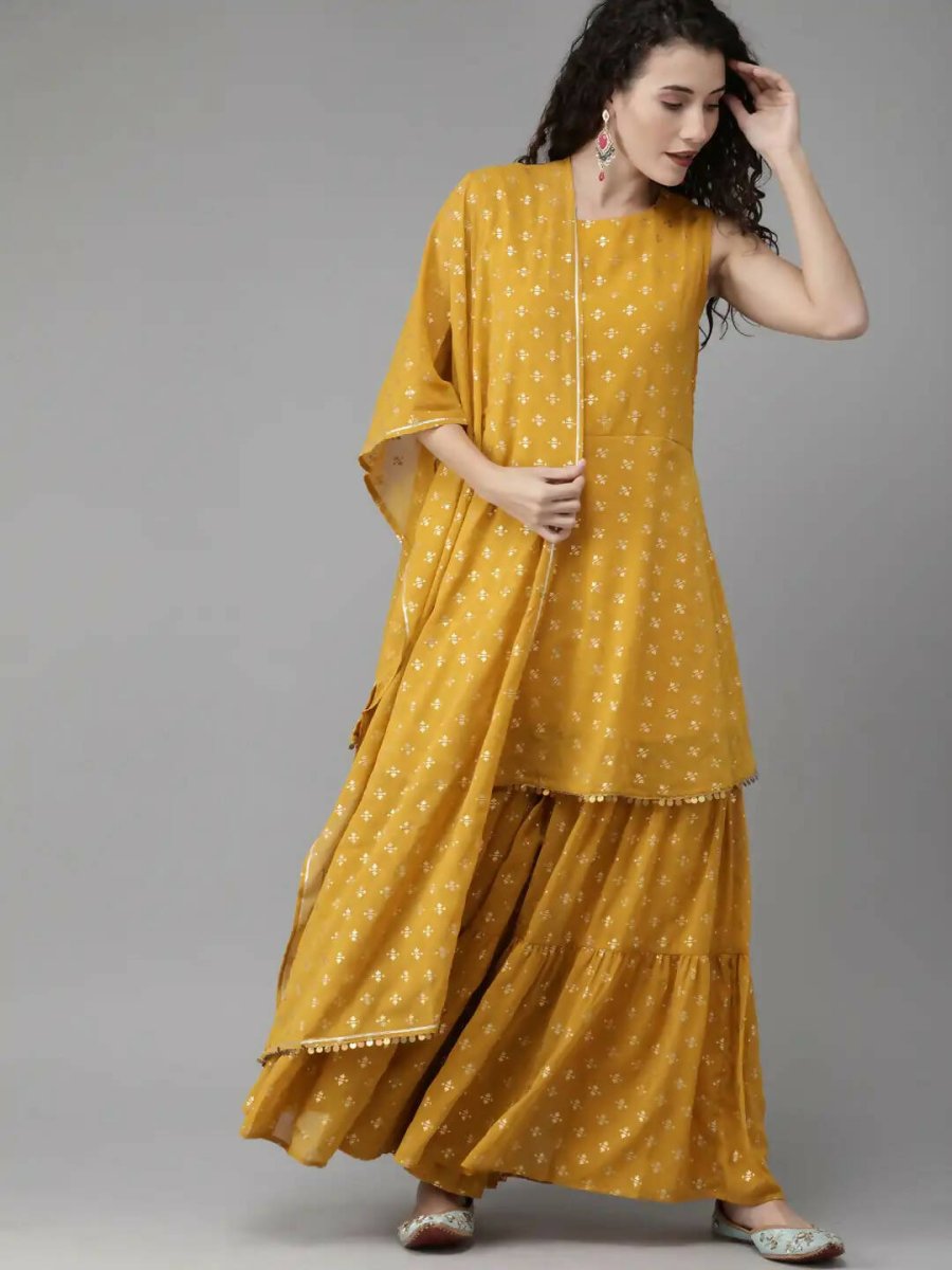 Ahalyaa Mustard Georgette Gold Foil Print Peplum Kurta Sharara Set With Dupatta - Distacart