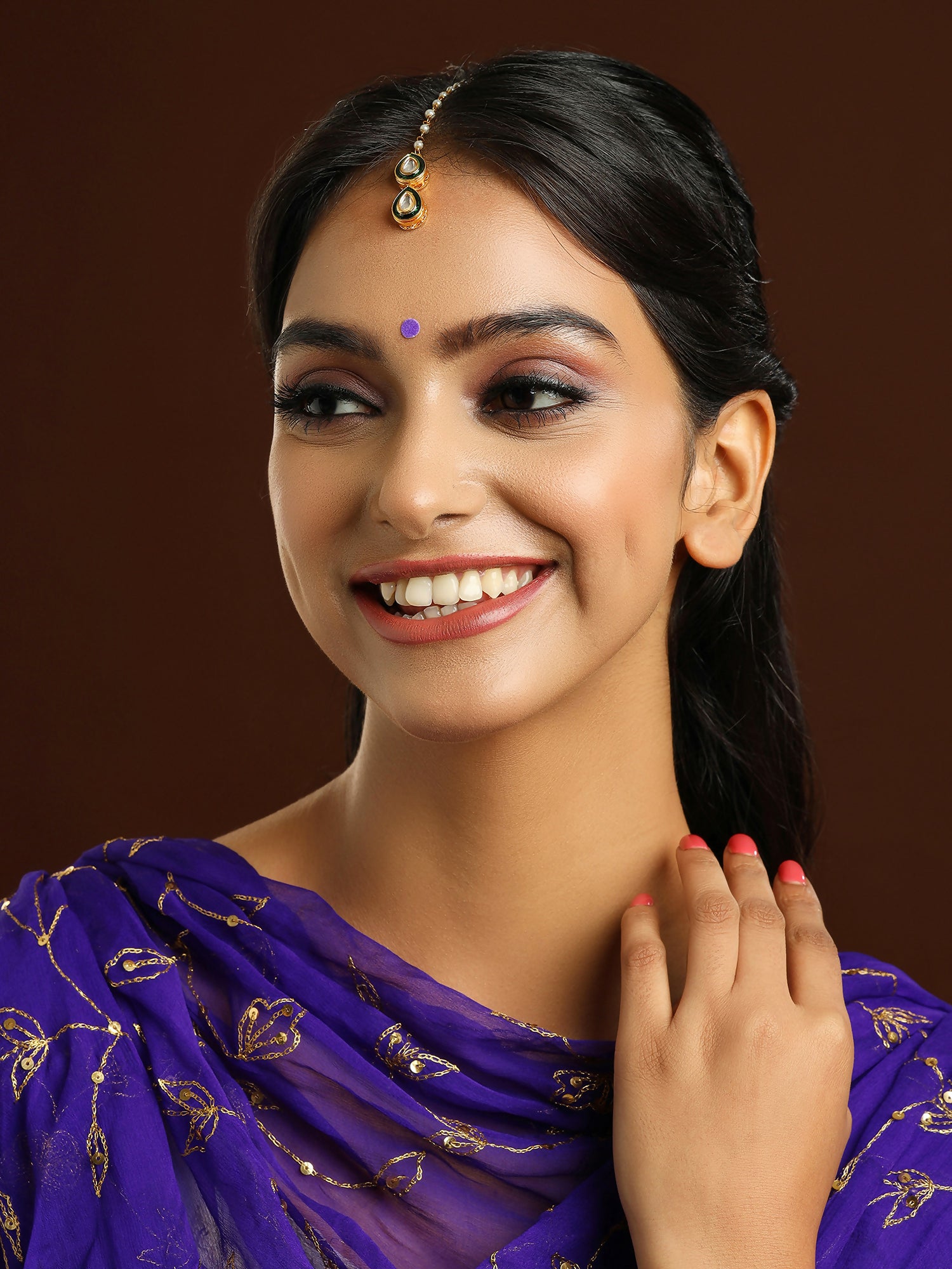 Ruby Raang Green Double Teardrop Kundan Maang Tikka with Meenakari