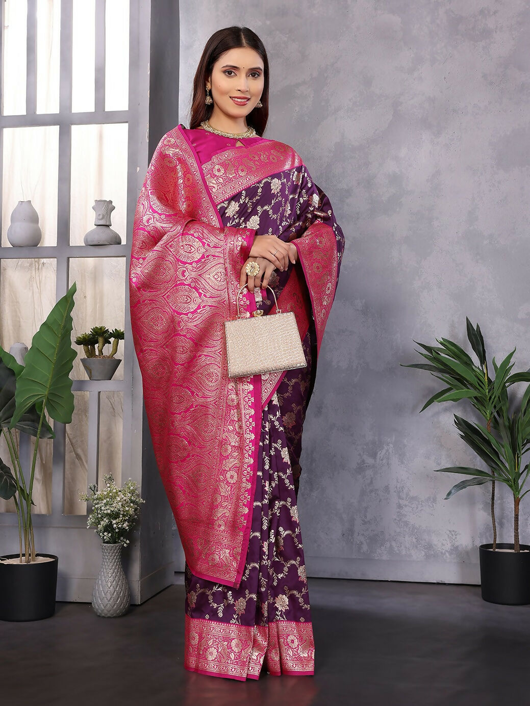 Joban Fashion Banarasi Wine Woven Soft Silk Saree