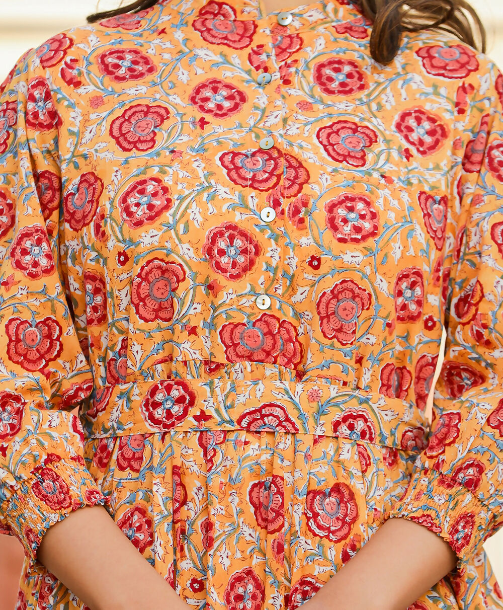 Kaajh Women's Yellow-Red Floral Hand Block Print Cotton Dress - Distacart