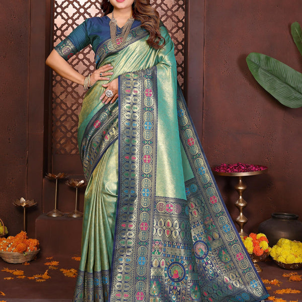Aastha Fashion Sea Green Tissue Silk Weaving Saree - Distacart