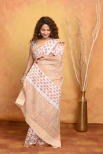 Thumbnail for Very Much Indian Handblock Printed Cotton Saree With Natural Dyes - White Peach - Distacart