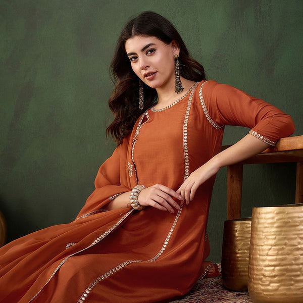 Sangria Gotta Work Embroidered A-Line Kurta & Trouser With Dupatta - Distacart