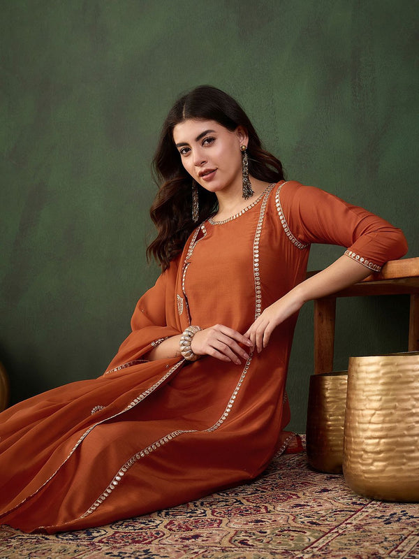 Sangria Gotta Work Embroidered A-Line Kurta & Trouser With Dupatta