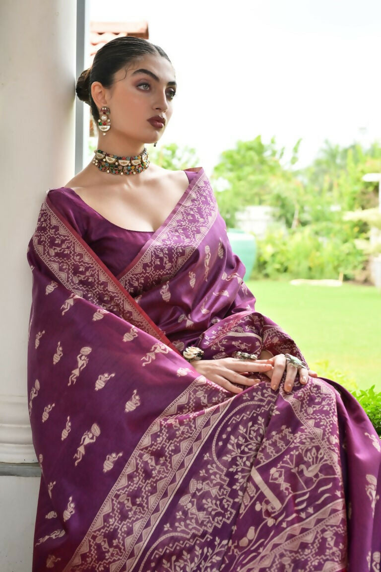 Vishnu Weaves Women's Wine Handloom Raw Silk Thread Weaving Saree with Blouse