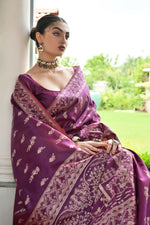 Thumbnail for Vishnu Weaves Women's Wine Handloom Raw Silk Thread Weaving Saree with Blouse