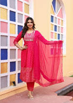 Thumbnail for Alvano Women's A-line Naira Cut Embroidery work Print Kurti with Pant and Dupatta set Rayon (Red) - Distacart