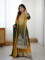 Thumbnail for The52 Women's Gorgeous Chinon silk Fabric Embroidery Work Straight Kurta Palazzo and Dupatta Set - Distacart