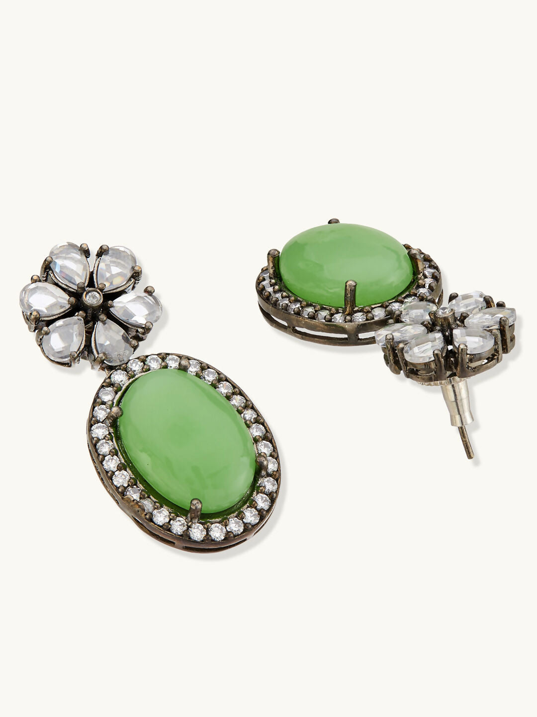 Nuyug Antique Silver Plated Crystal Studded Faux Jade Stones Embellished Necklace Set