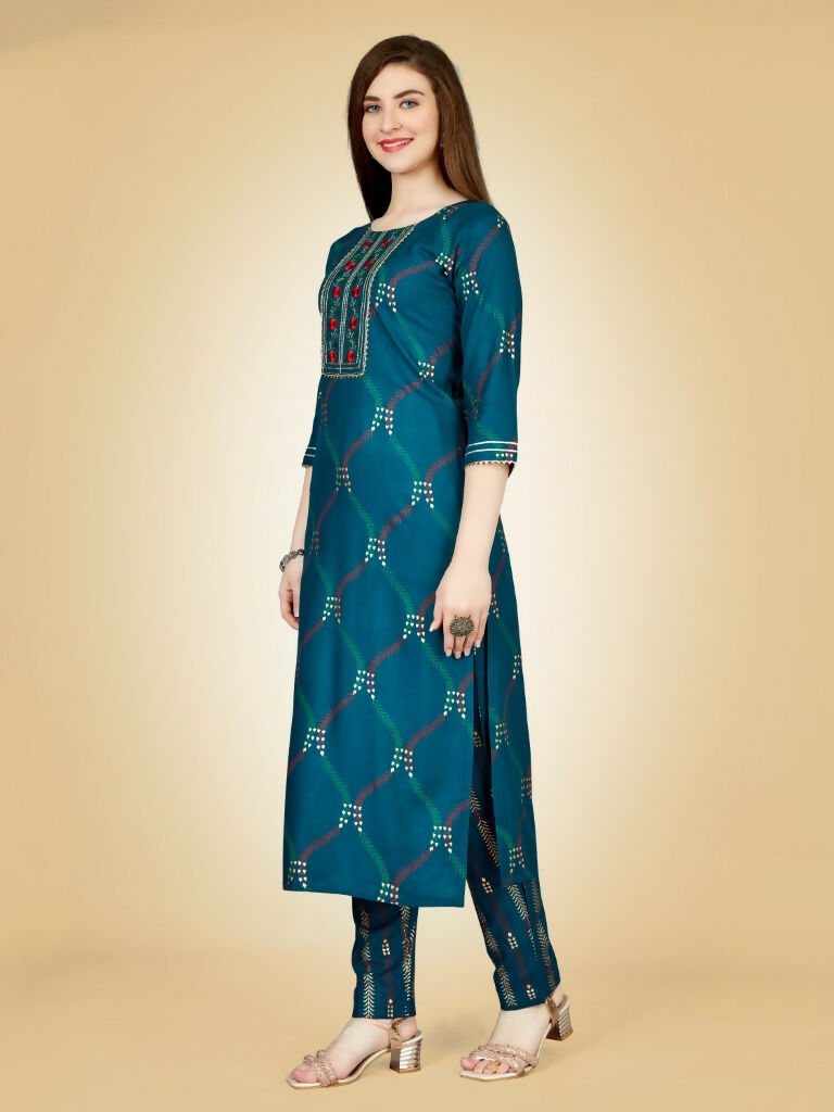 Jyoti Fashion Women's Teal Viscose Rayon Embroidered Kurta Pant Set - Distacart