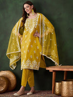 Thumbnail for Sangria Mustard Yellow Floral Embroidered Thread Work Kurta & Trouser With Dupatta