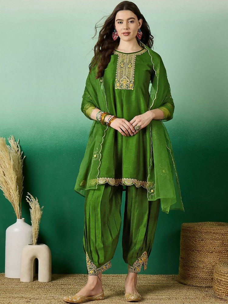 The52 Women's Beautiful Embroidery Work Vichitra Fabric A-line Kurta Pant and Dupatta Set