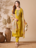 Thumbnail for The52 Women's Beautiful Viscose Chanderi Fabric Embroidery Work Straight Kurta Pant and Dupatta Set - Distacart