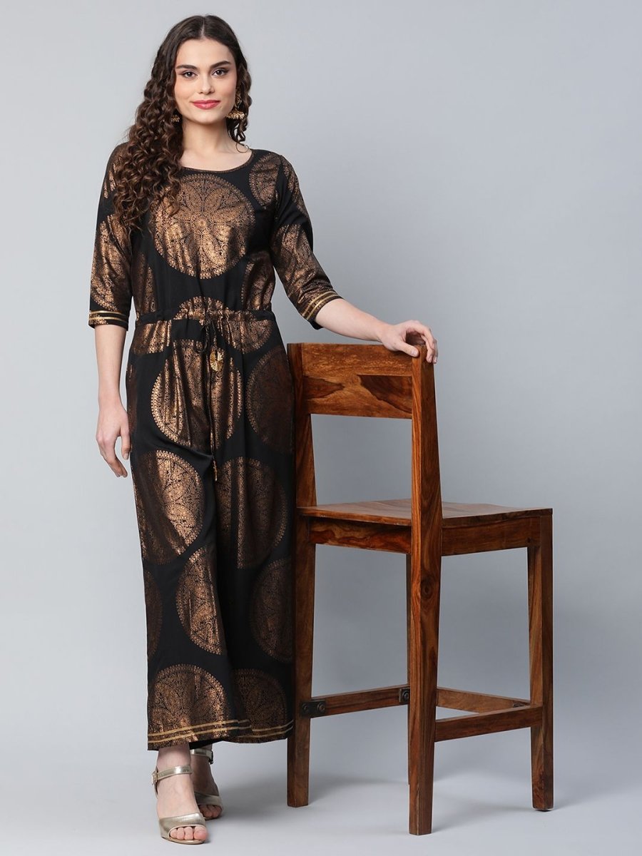 Ahalyaa Black Crepe Copper Foil Printed Jumpsuit - Distacart