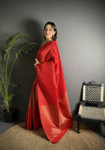 Thumbnail for Joban Fashion Red Banarasi Soft Lichi Silk Checks & Woven Saree