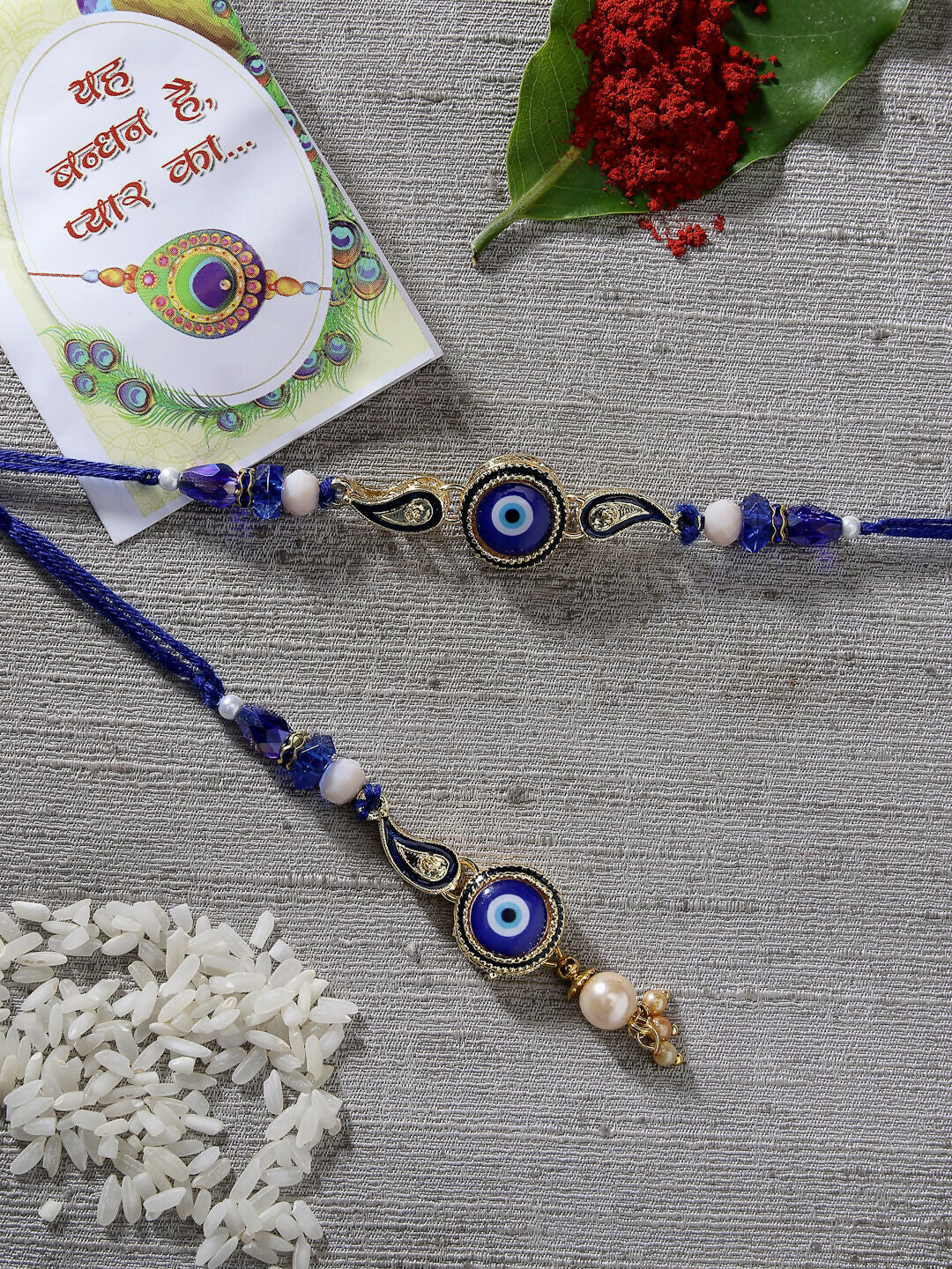 NVR Women & Men Set of 2 Blue Evil Eye Beaded Bhaiya Bhabhi Rakhi With Roli Chawal & Chocolate - Distacart