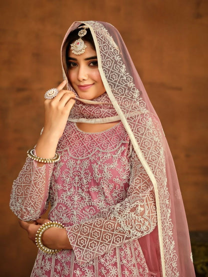 Anaita Pink Embroidered Net Anarkali Suit - Distacart