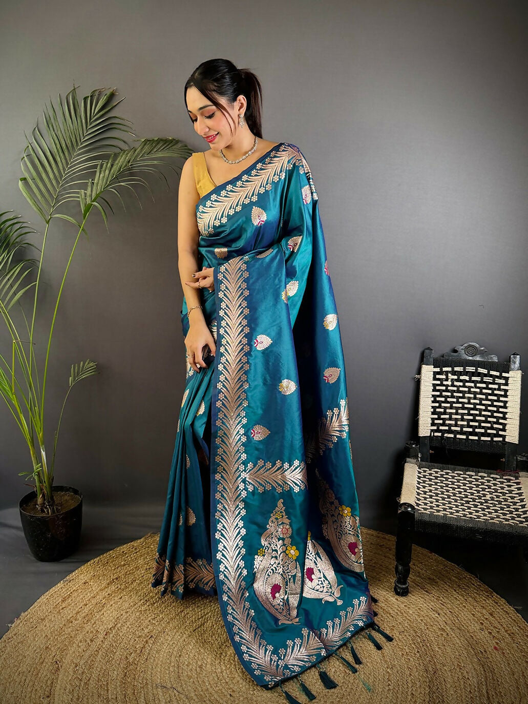 Joban Fashion Banarasi Sea Blue Woven Soft Silk Saree