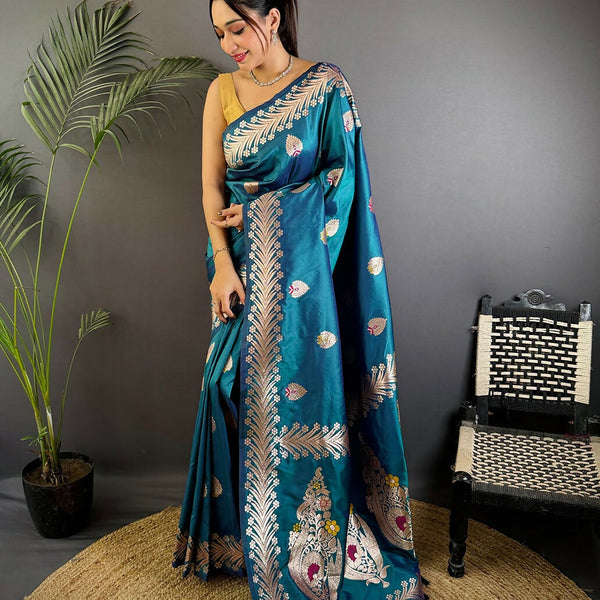 Joban Fashion Banarasi Sea Blue Woven Soft Silk Saree - Distacart