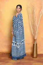 Thumbnail for Very Much Indian Handblock Printed Cotton Saree With Natural Dyes - Blue - Distacart