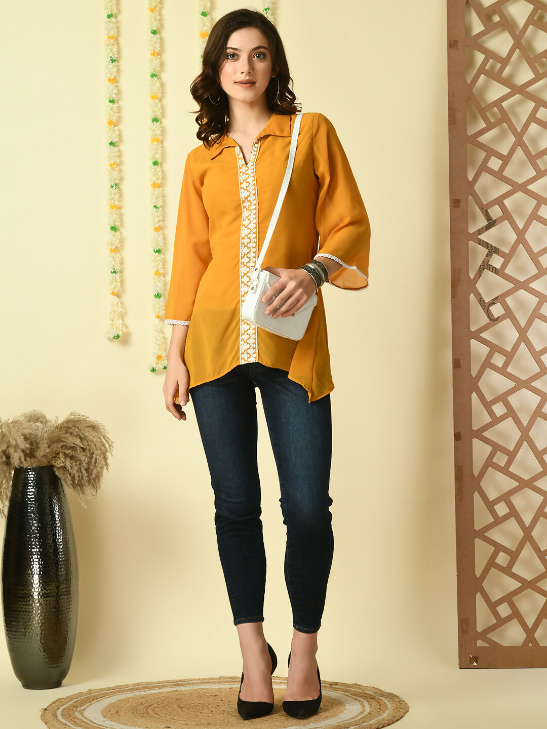 Myshka Women's Mustard Embroidered Party Fusion Top - Distacart