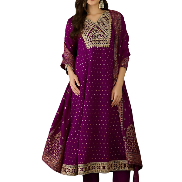 The52 Wine Women's Gorgeous Embroidered Work Vichitra Silk Fabric Flared Kurta Pant and Dupatta Set - Distacart