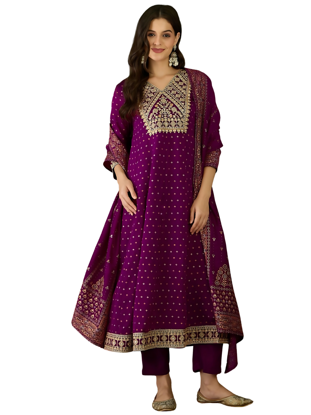 The52 Wine Women's Gorgeous Embroidered Work Vichitra Silk Fabric Flared Kurta Pant and Dupatta Set