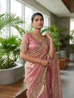 Thumbnail for Joban Fashion Pink Fandy Satin Silk Party Wear Sarees - Distacart