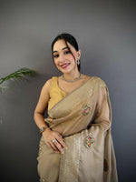 Thumbnail for Joban Fashion Mud Brown Handloom Banarasi Organza Silk Khatali Butta Work Saree