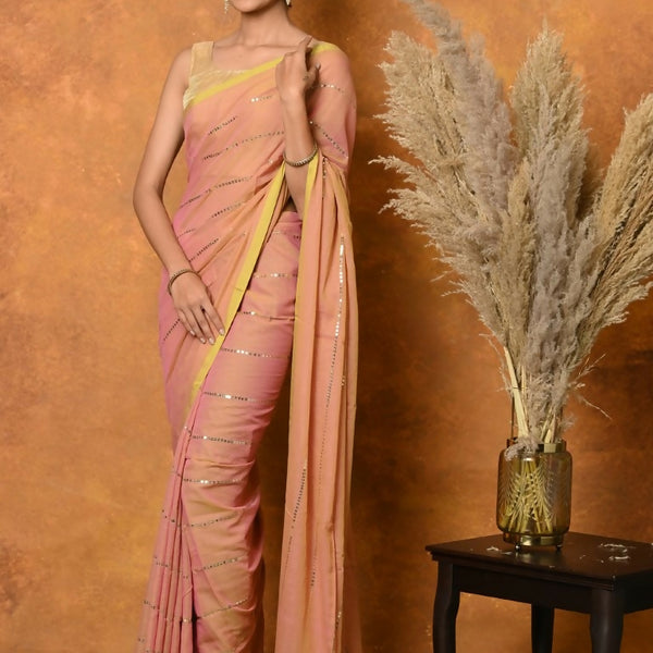 Very Much Indian Designer Mul Cotton Handloom Saree with Sequins - Peach - Distacart