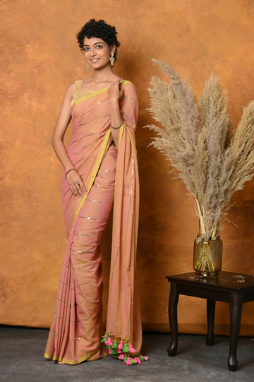 Very Much Indian Designer Mul Cotton Handloom Saree with Sequins - Peach - Distacart