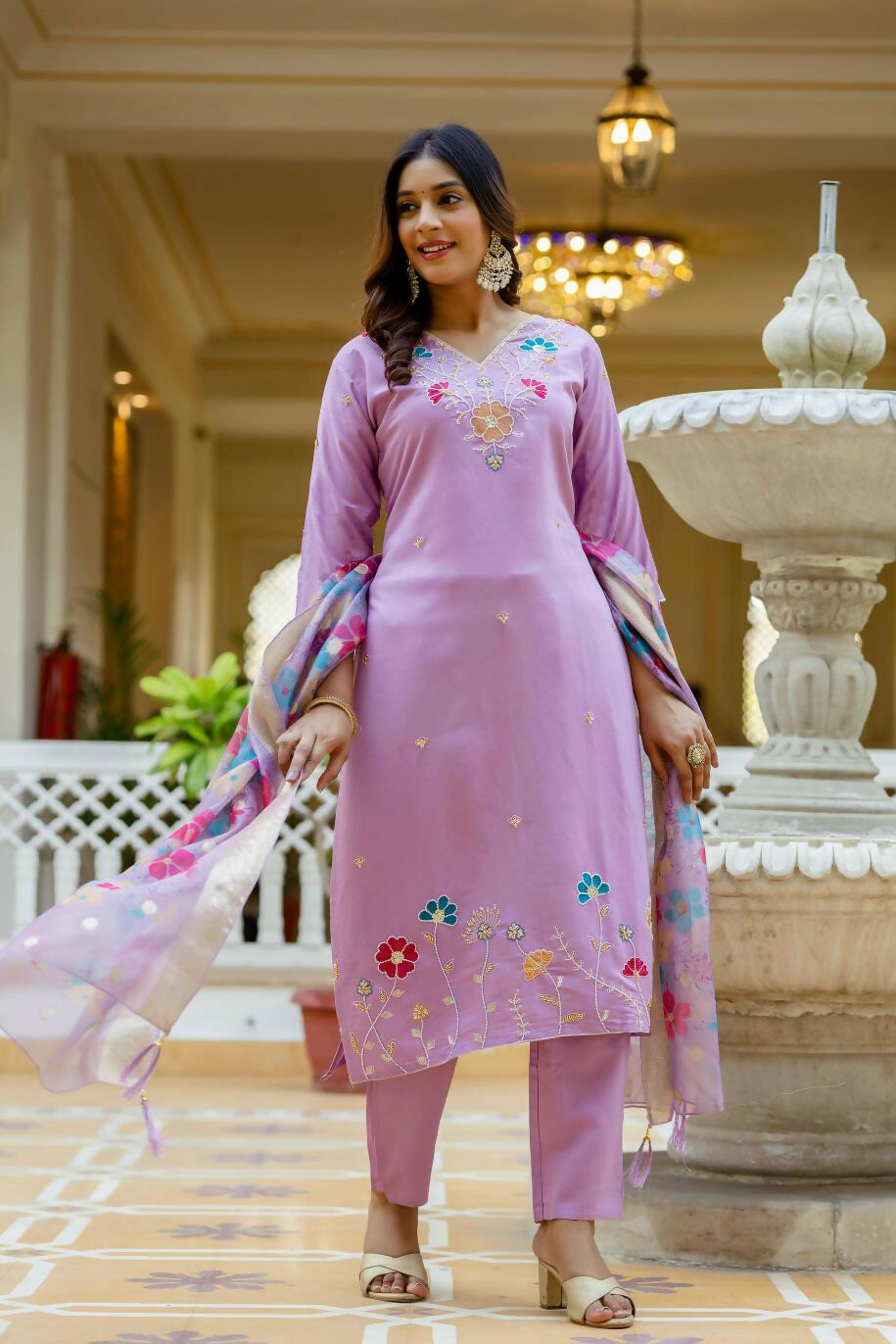 The52 Lavender Women's Gorgeous Embroidered work Viscose Gadhwal Fabric Straight Kurta, Pant and Dupatta Set - Distacart