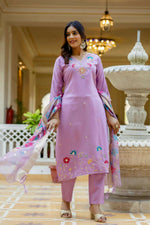 Thumbnail for The52 Lavender Women's Gorgeous Embroidered work Viscose Gadhwal Fabric Straight Kurta, Pant and Dupatta Set - Distacart