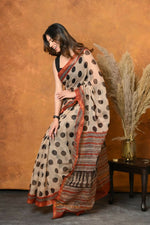 Thumbnail for Very Much Indian Handblock Printed Cotton Saree With Natural Dyes - White - Distacart