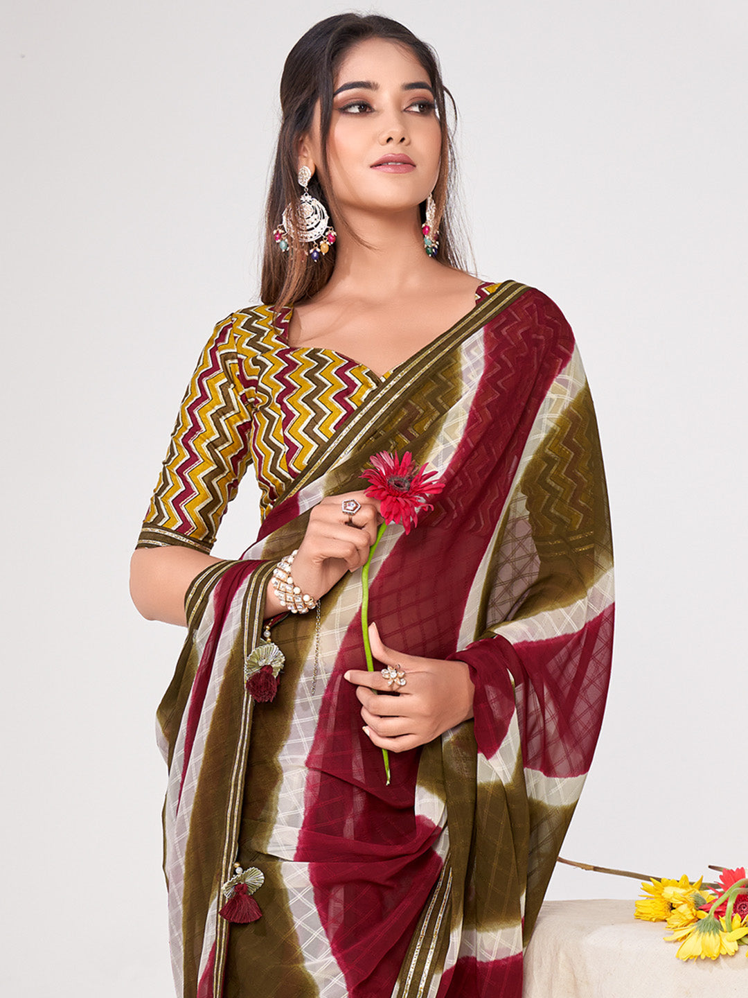 NOZ2TOZ Women's Georgette Mustard Embellished Designer Saree With Blouse Piece - Distacart