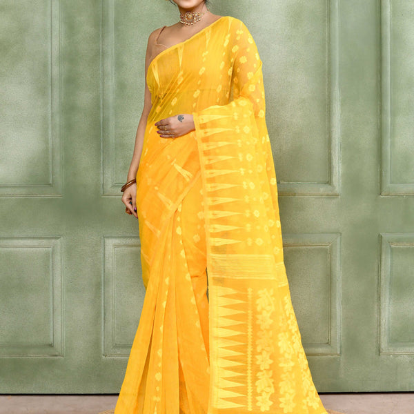 Piyari Fashion Women's Yellow Embellished Cotton Blend Jamdani Saree - Distacart