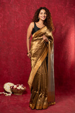 Thumbnail for Very Much Indian Exquisite Golden Handloom Pure Silk Tissue Saree With Silver Pallu - Distacart