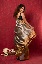 Thumbnail for Very Much Indian Exquisite Golden Handloom Pure Silk Tissue Saree With Silver Pallu - Distacart