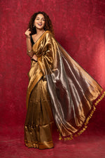 Thumbnail for Very Much Indian Exquisite Golden Handloom Pure Silk Tissue Saree With Silver Pallu - Distacart