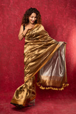 Thumbnail for Very Much Indian Exquisite Golden Handloom Pure Silk Tissue Saree With Silver Pallu - Distacart