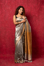 Thumbnail for Very Much Indian Exquisite Silver Handloom Pure Silk Tissue Saree With Golden Pallu and Tassels - Distacart