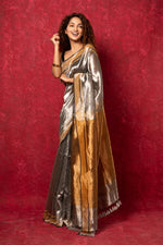 Thumbnail for Very Much Indian Exquisite Silver Handloom Pure Silk Tissue Saree With Golden Pallu and Tassels - Distacart