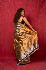 Thumbnail for Very Much Indian Exquisite Silver Handloom Pure Silk Tissue Saree With Golden Pallu and Tassels - Distacart