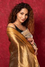 Thumbnail for Very Much Indian Exquisite Silver Handloom Pure Silk Tissue Saree With Golden Pallu and Tassels - Distacart