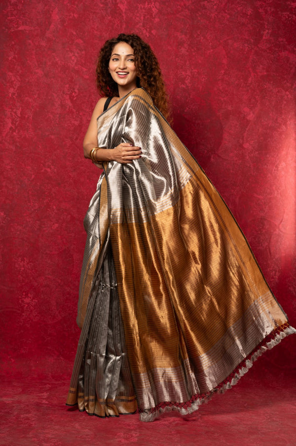 Very Much Indian Exquisite Silver Handloom Pure Silk Tissue Saree With Golden Pallu and Tassels - Distacart